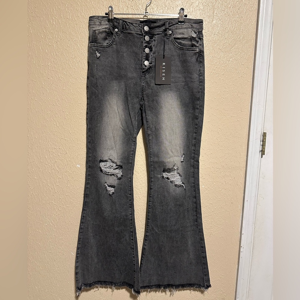 Risen Flare Jeans Distressed Frayed Hem Size‎ 32/15 Button Fly